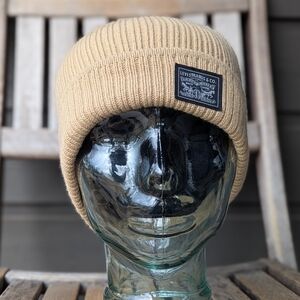 NWOT Levi's Fleece Lined Ribbed Knit Cuffed Beanie Hat Toque Light Tan